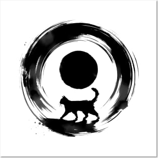 Sumie Enso Circle Japanese Brushstroke Black Cat Posters and Art